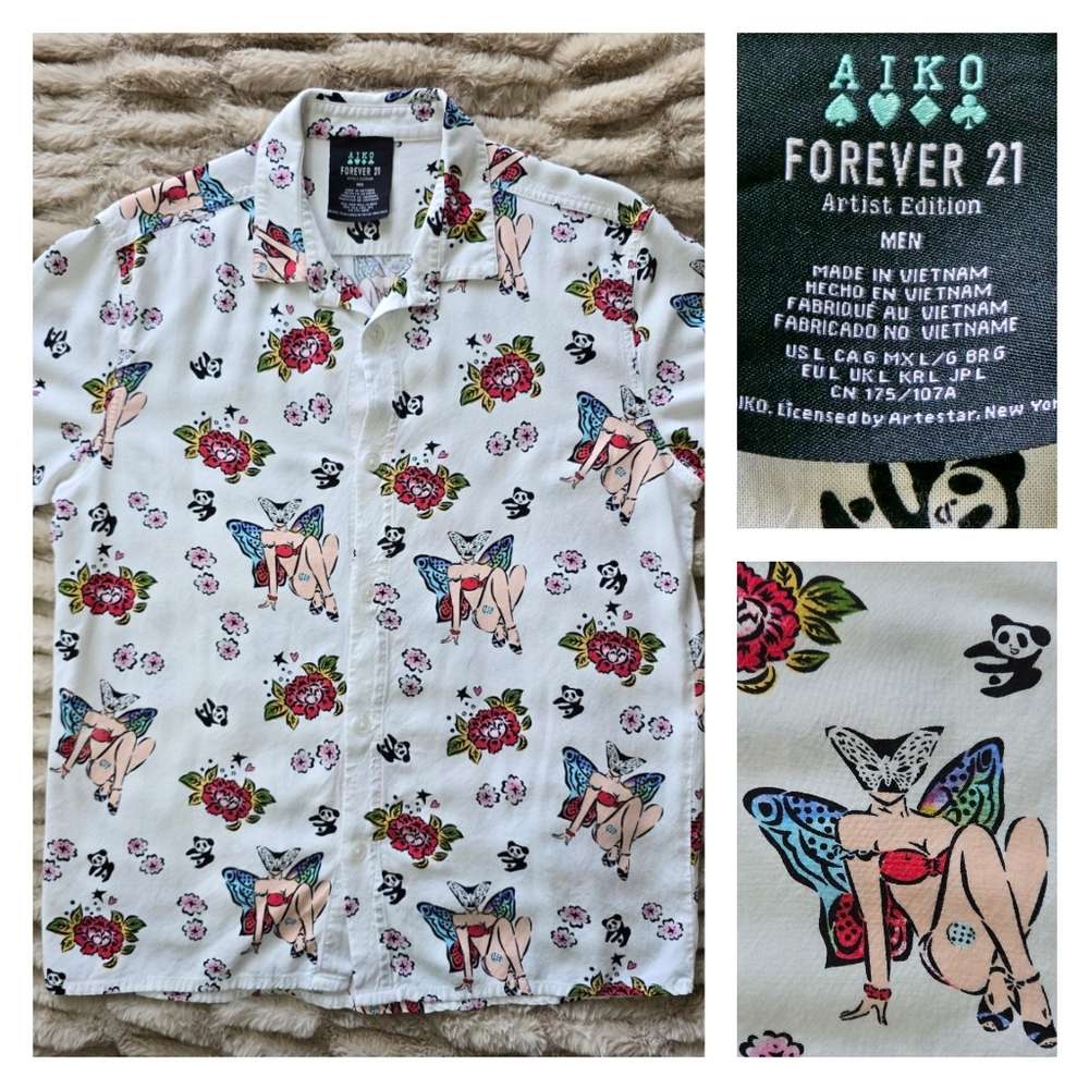 Forever 21 x AIKO Artist Edition Shirt Men's Large Button Up Hawaiian Girl AOP